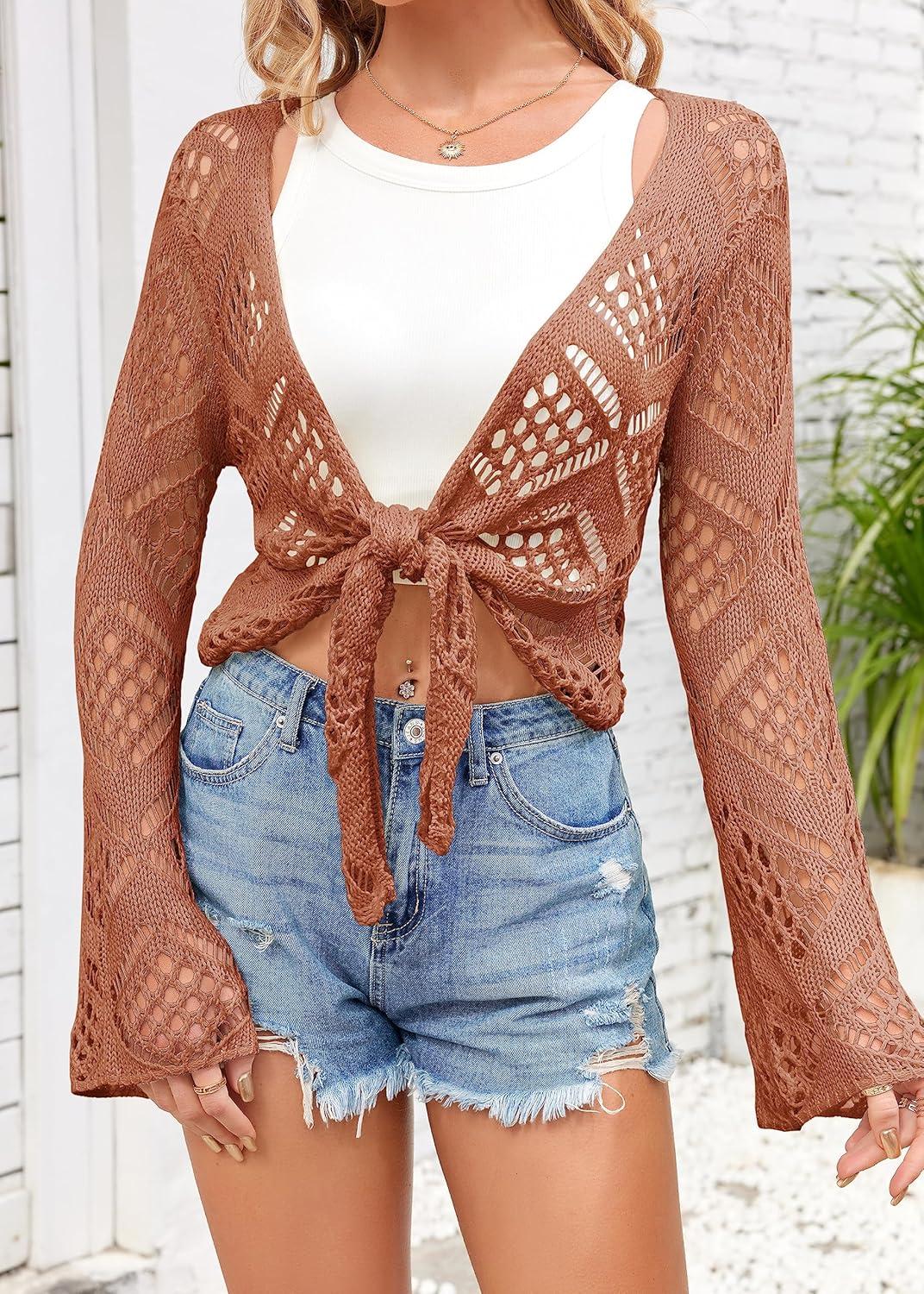 image:imageSaodimallsu Womens Crochet Tie Front Cardigans Bell Long Sleeve Lightweight Knit Summer Crop Tops Vacation OutfitsBrick Red
