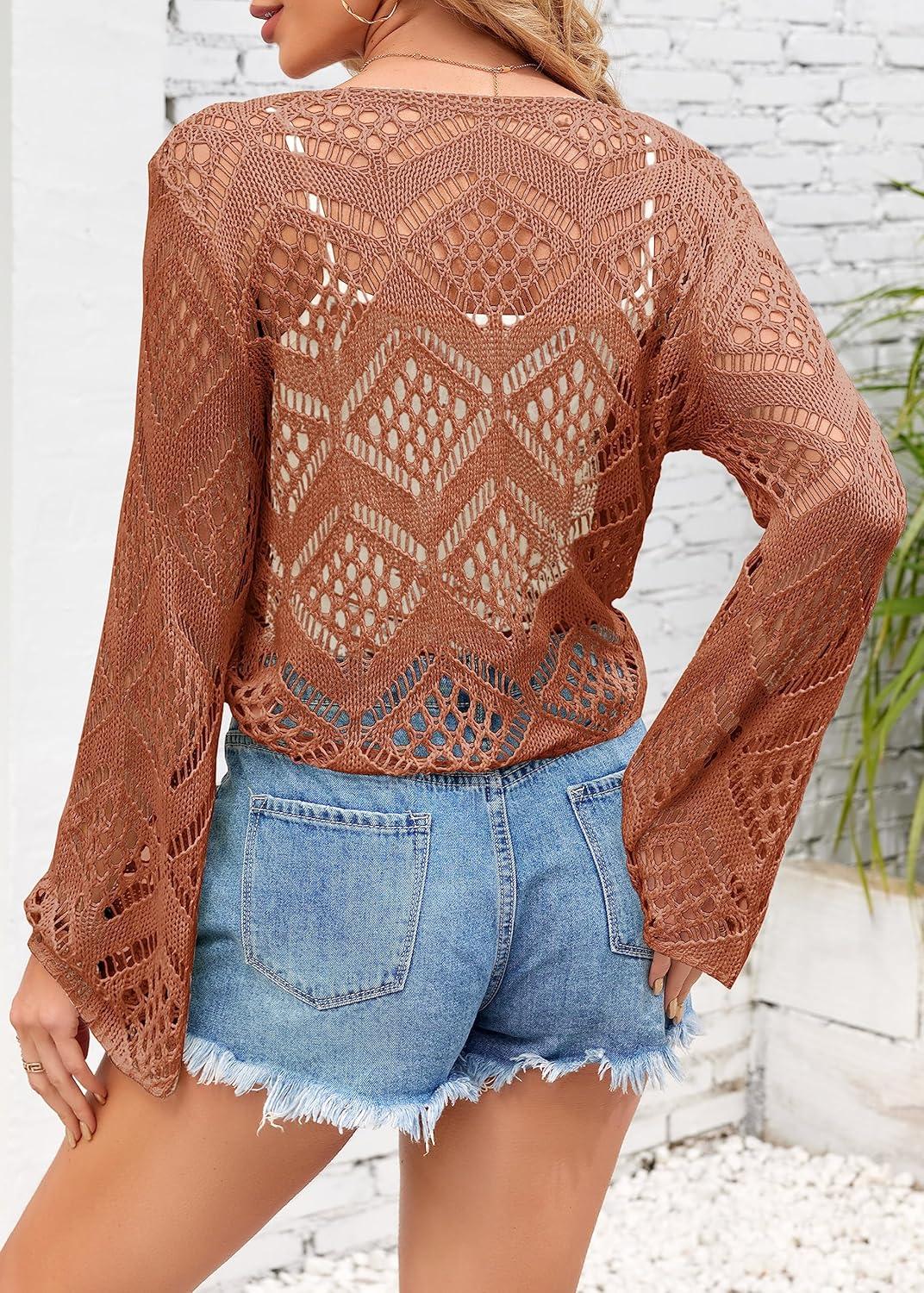 image:imageSaodimallsu Womens Crochet Tie Front Cardigans Bell Long Sleeve Lightweight Knit Summer Crop Tops Vacation OutfitsBrick Red
