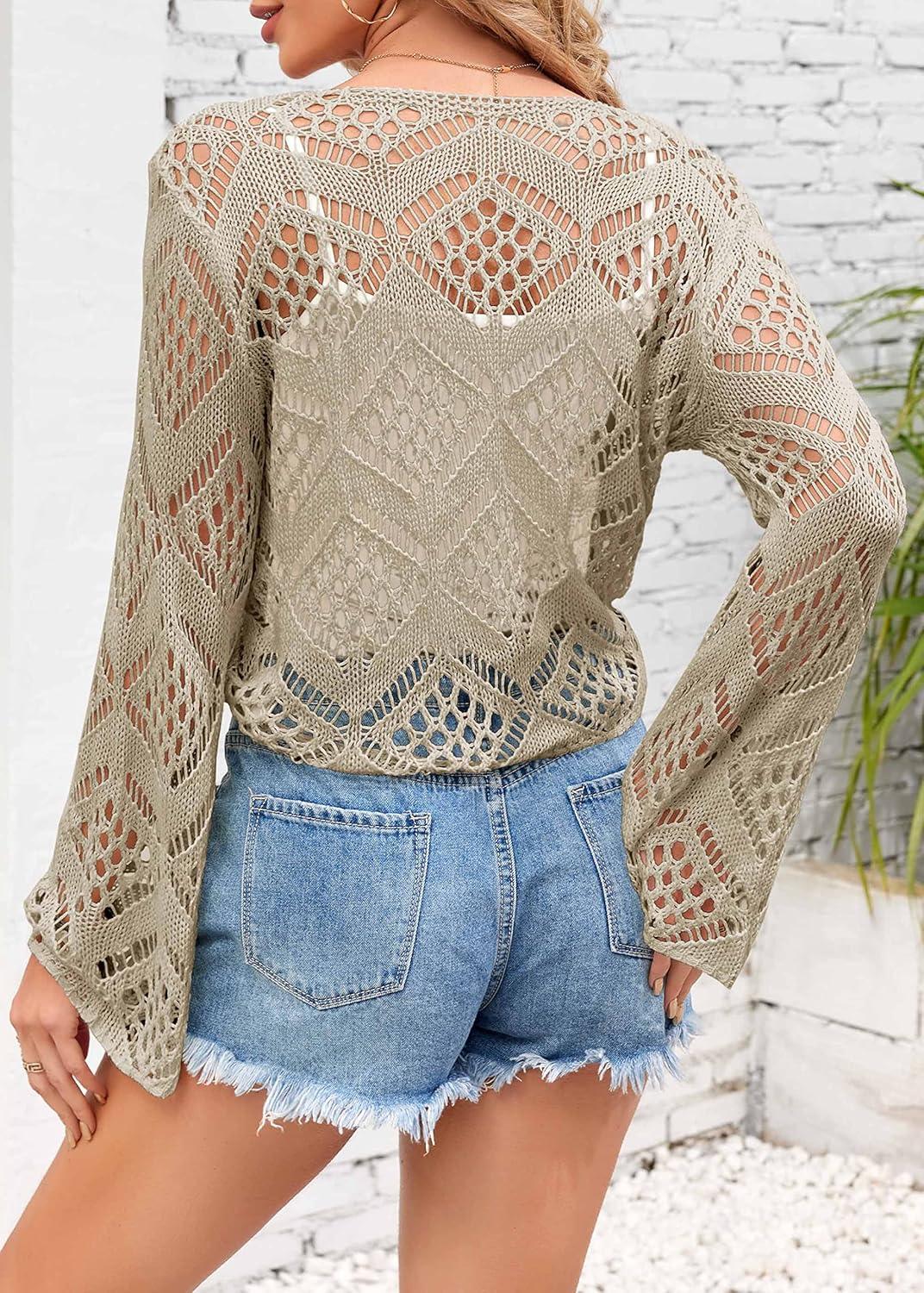 image:imageSaodimallsu Womens Crochet Tie Front Cardigans Bell Long Sleeve Lightweight Knit Summer Crop Tops Vacation OutfitsKhaki