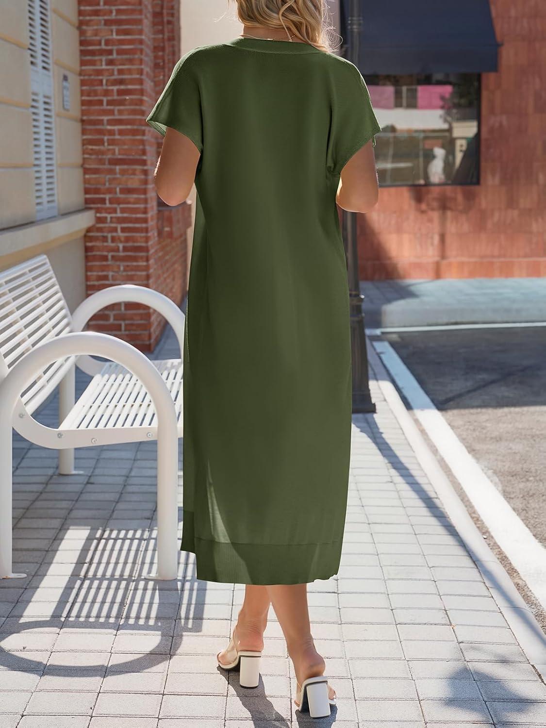 image:imageSaodimallsu Womens Long Cardigans Lightweight Short Sleeve Button V Neck Loose Knit Casual Summer Midi Sweater DressArmy Green