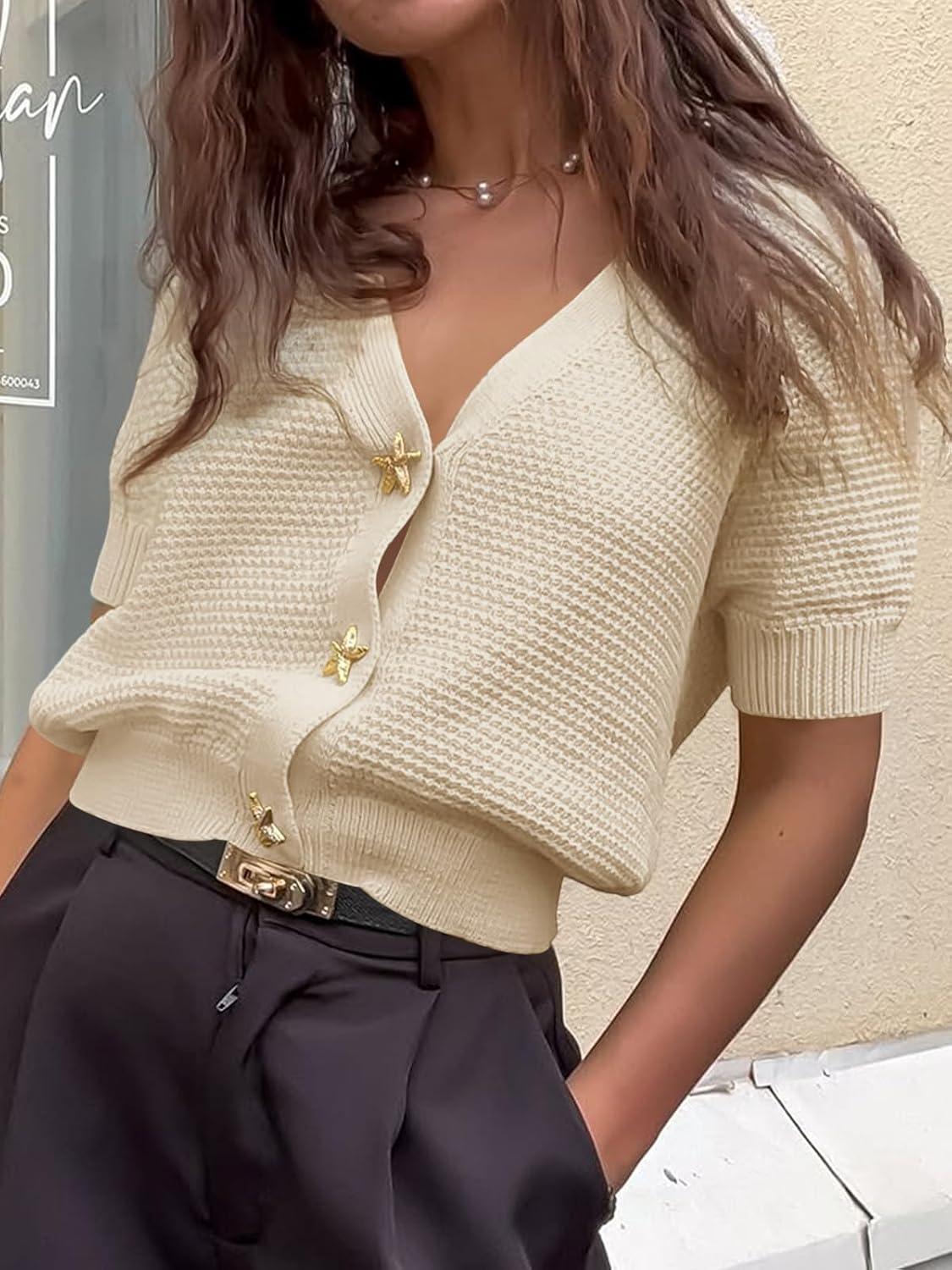 image:imageSaodimallsu Womens Puff Short Sleeve Cardigans V Neck Button Down Casual Summer Lightweight Knit Sweater TopsApricot