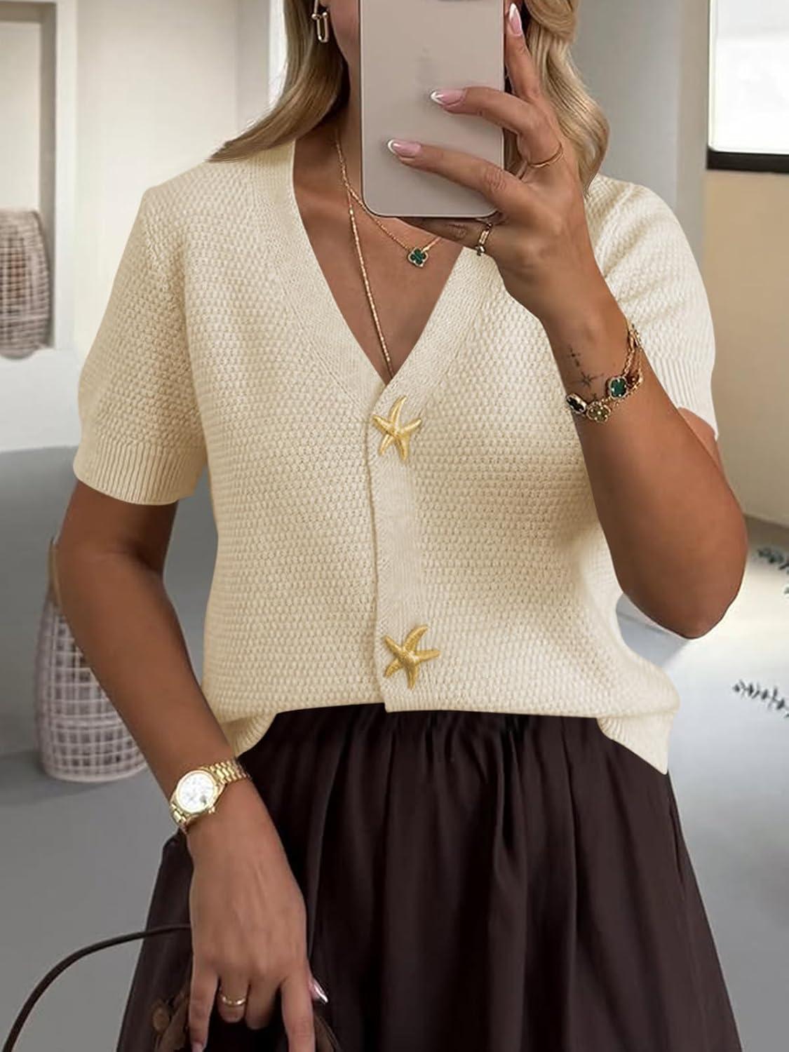 image:imageSaodimallsu Womens Puff Short Sleeve Cardigans V Neck Button Down Casual Summer Lightweight Knit Sweater TopsApricot