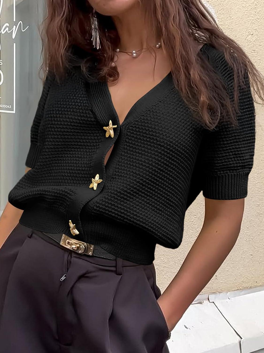 image:imageSaodimallsu Womens Puff Short Sleeve Cardigans V Neck Button Down Casual Summer Lightweight Knit Sweater TopsBlack