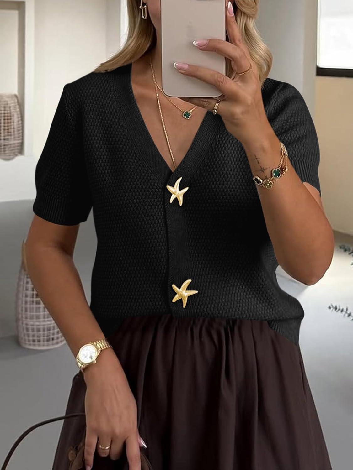 image:imageSaodimallsu Womens Puff Short Sleeve Cardigans V Neck Button Down Casual Summer Lightweight Knit Sweater TopsBlack