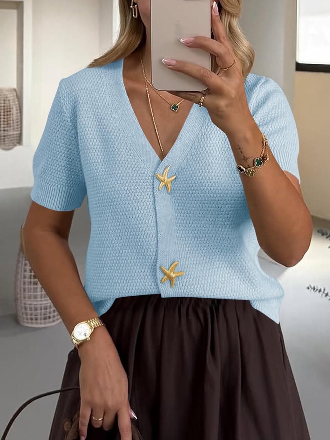 image:imageSaodimallsu Womens Puff Short Sleeve Cardigans V Neck Button Down Casual Summer Lightweight Knit Sweater TopsBlue
