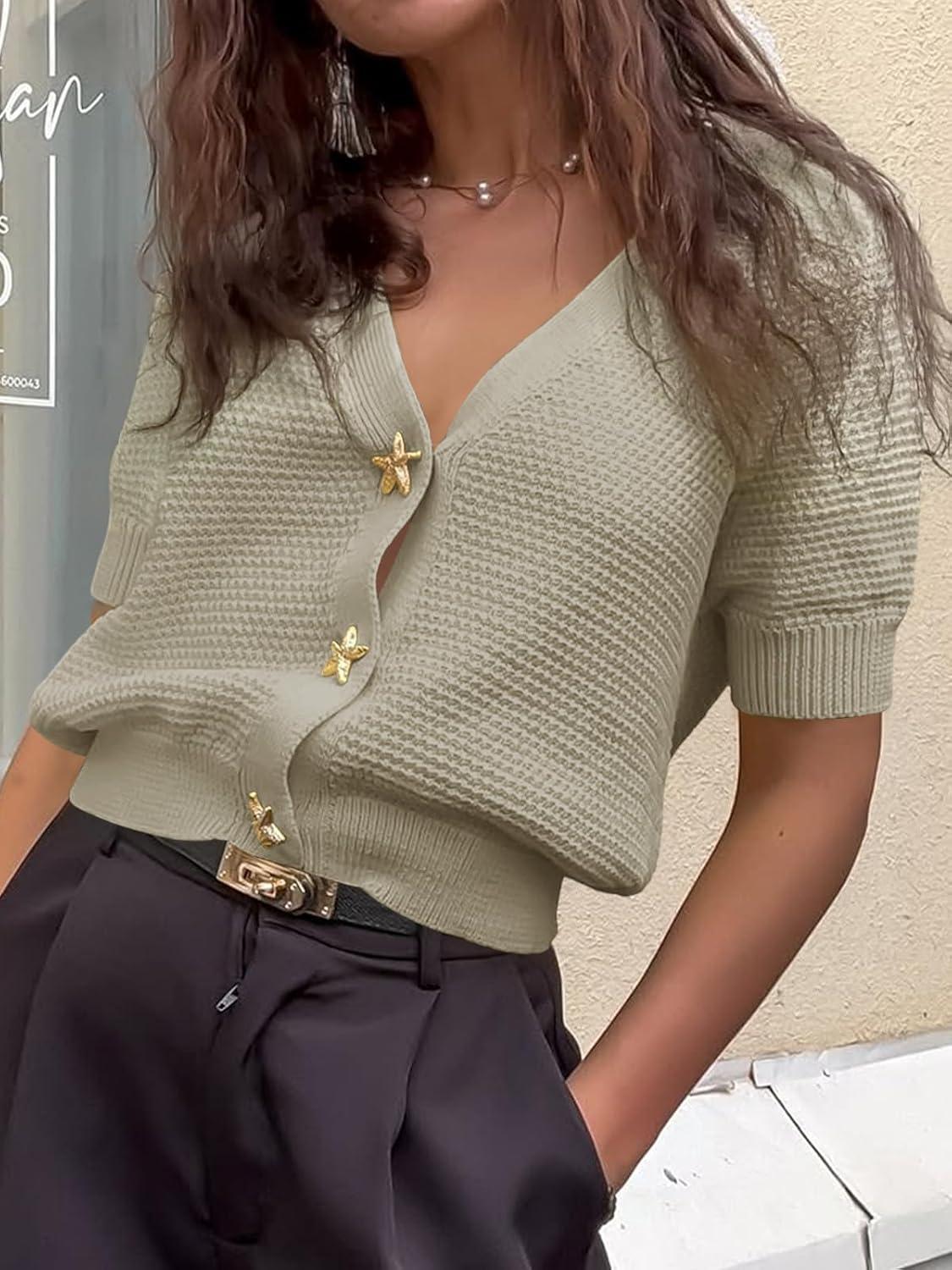 image:imageSaodimallsu Womens Puff Short Sleeve Cardigans V Neck Button Down Casual Summer Lightweight Knit Sweater TopsLight Khaki