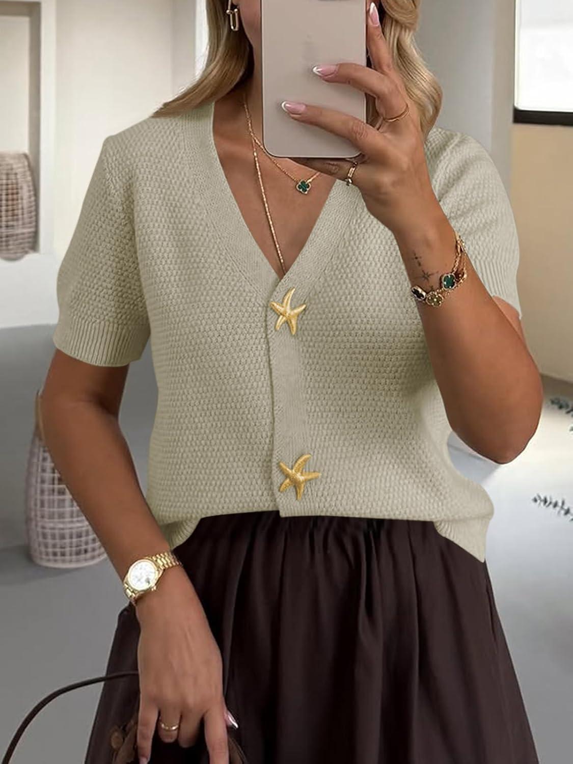 image:imageSaodimallsu Womens Puff Short Sleeve Cardigans V Neck Button Down Casual Summer Lightweight Knit Sweater TopsLight Khaki