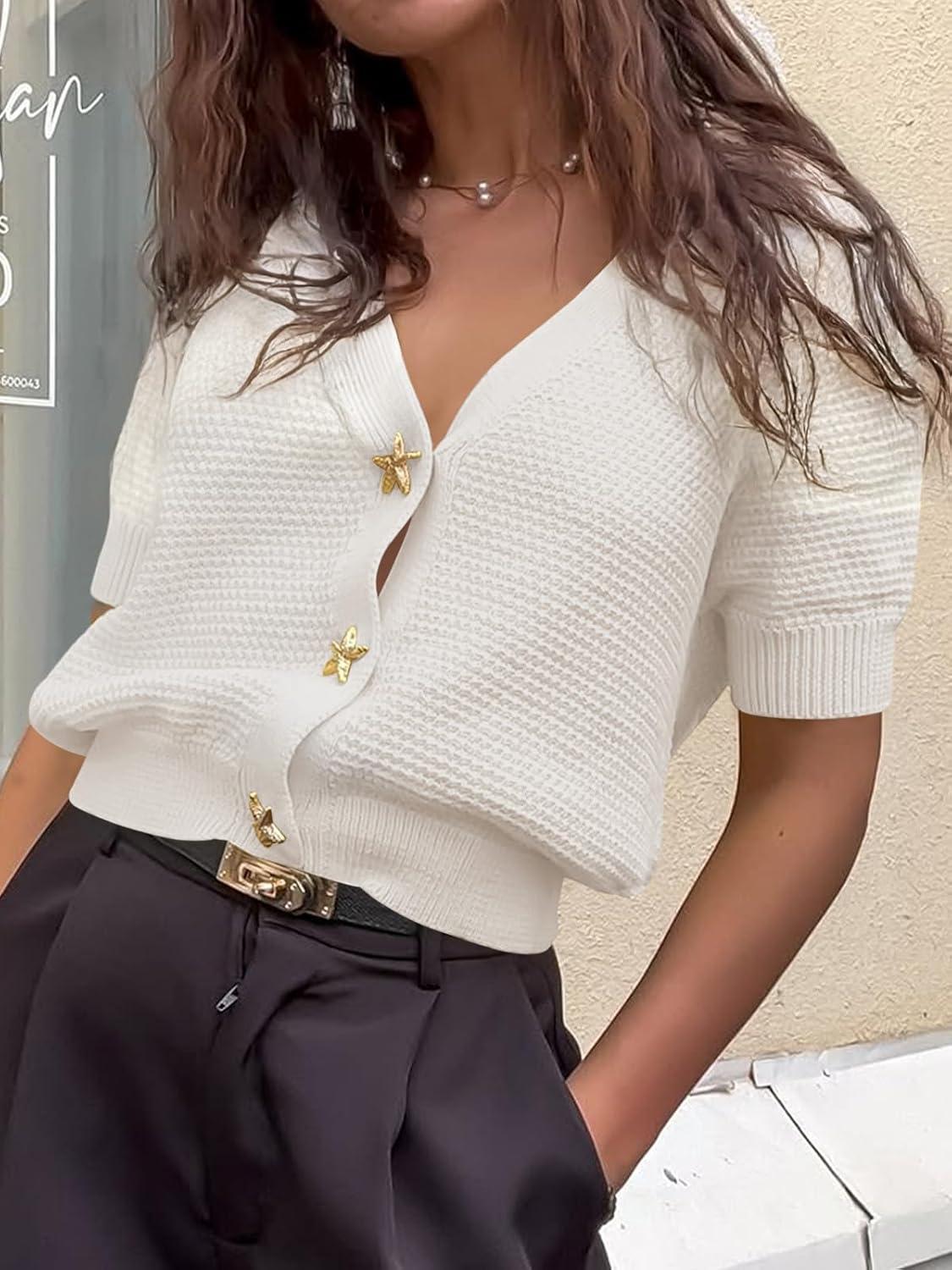 image:imageSaodimallsu Womens Puff Short Sleeve Cardigans V Neck Button Down Casual Summer Lightweight Knit Sweater TopsWhite