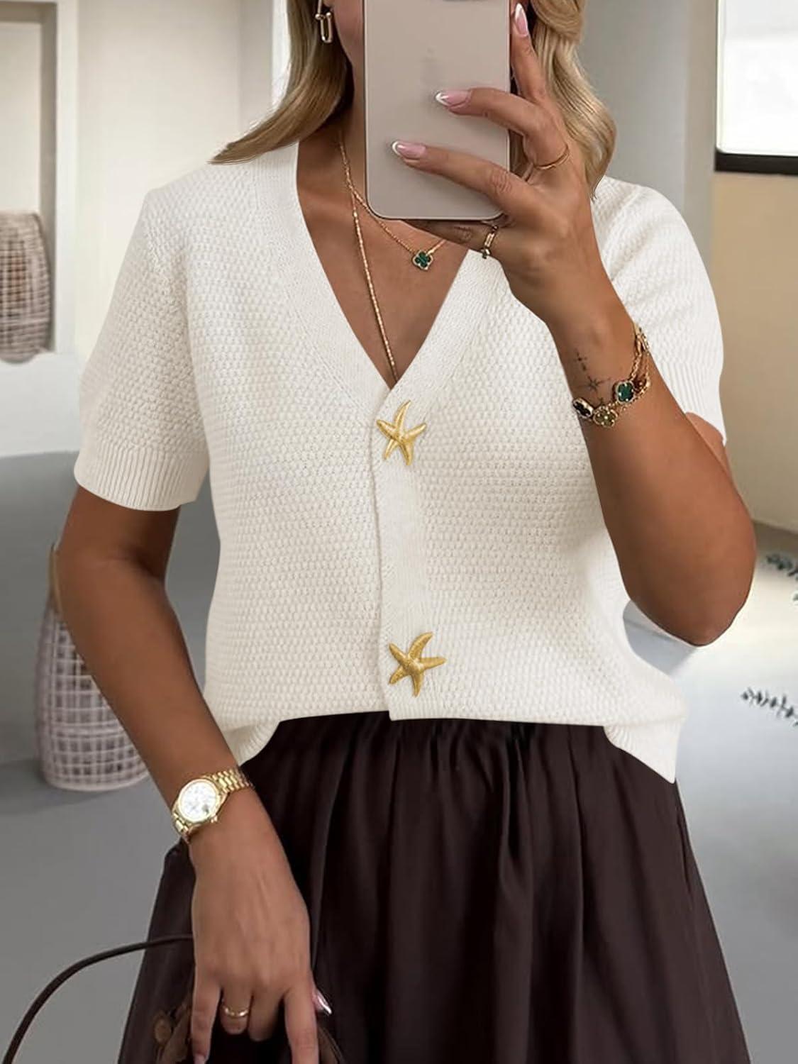 image:imageSaodimallsu Womens Puff Short Sleeve Cardigans V Neck Button Down Casual Summer Lightweight Knit Sweater TopsWhite