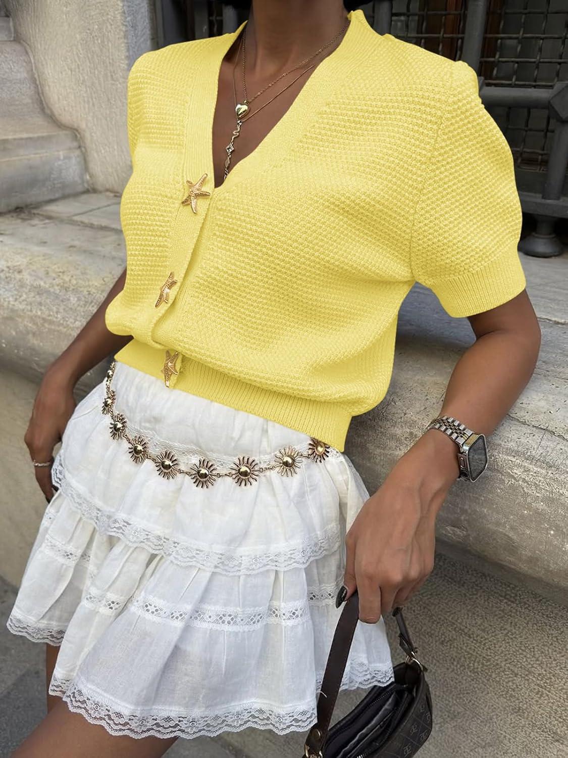 image:imageSaodimallsu Womens Puff Short Sleeve Cardigans V Neck Button Down Casual Summer Lightweight Knit Sweater TopsYellow