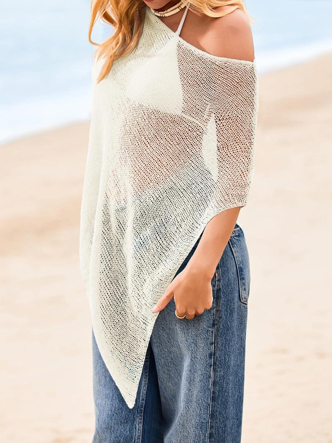 image:imageSaodimallsu Womens Sheer Cover Ups Lightweight Crochet Knit Mesh Shrug Summer Trendy Batwing Sleeve Boho Poncho TopsWhite