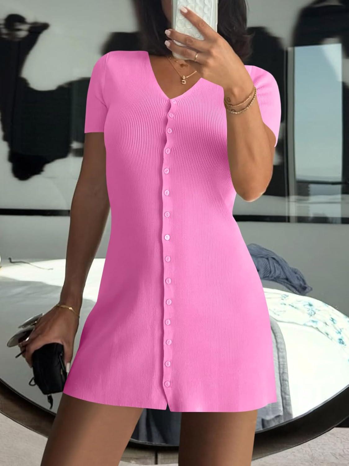 image:imageSaodimallsu Womens Short Sleeve Mini Dress V Neck Button Up Cardigan Sweater Summer Ribbed Knit Flare A Line DressesHot Pink