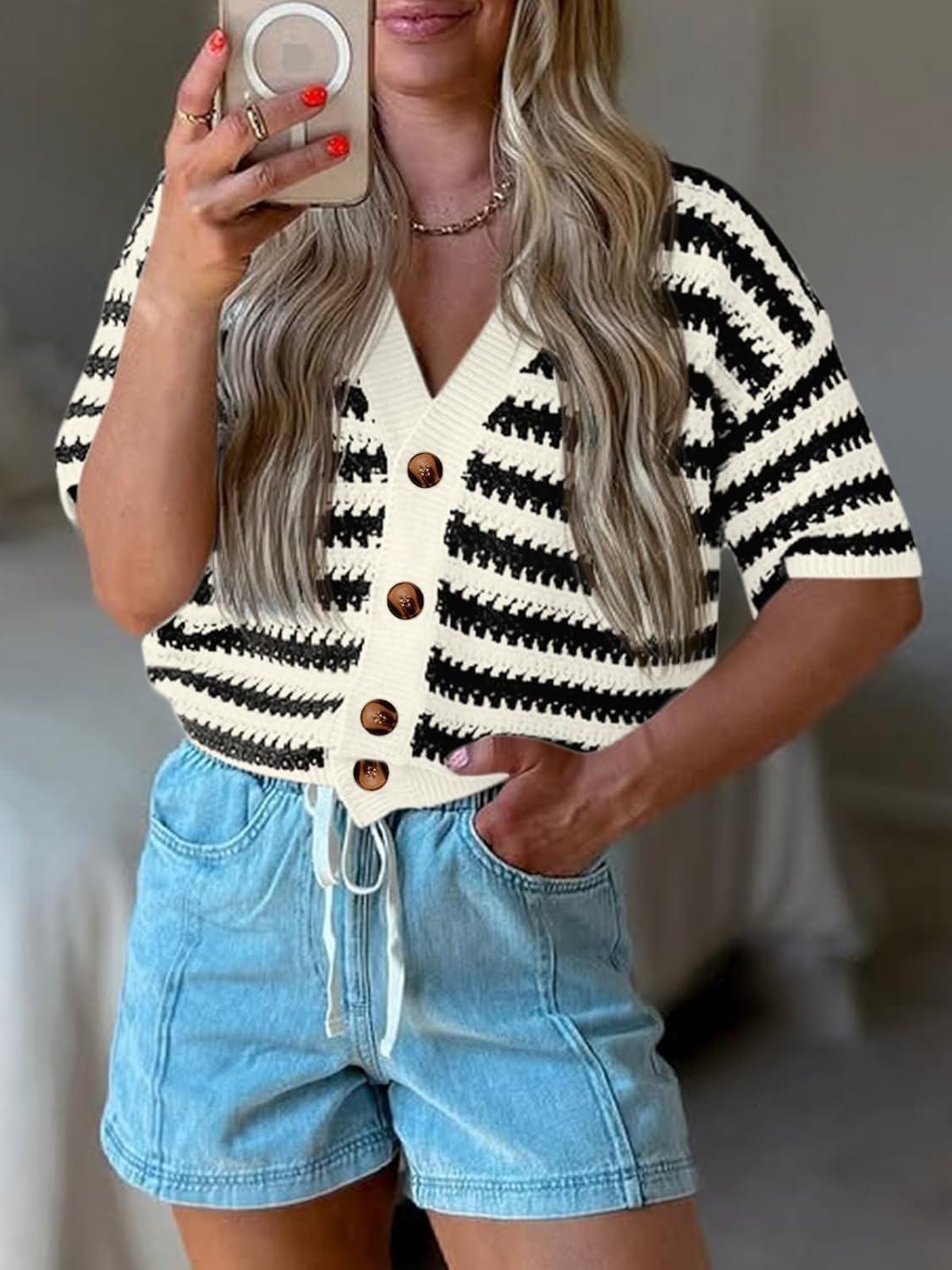 image:imageSaodimallsu Womens Short Sleeve Striped Cardigan Sweaters Crochet Knit Button Down Shirts V Neck Spring Summer TopsBlack