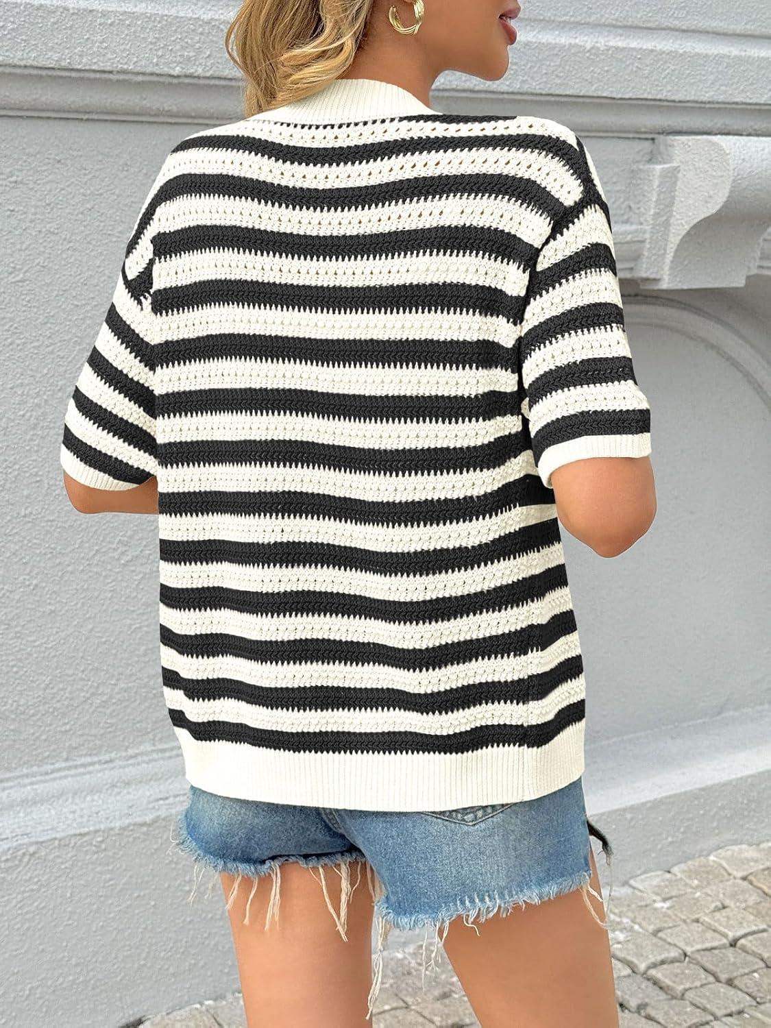 image:imageSaodimallsu Womens Short Sleeve Striped Cardigan Sweaters Crochet Knit Button Down Shirts V Neck Spring Summer TopsBlack