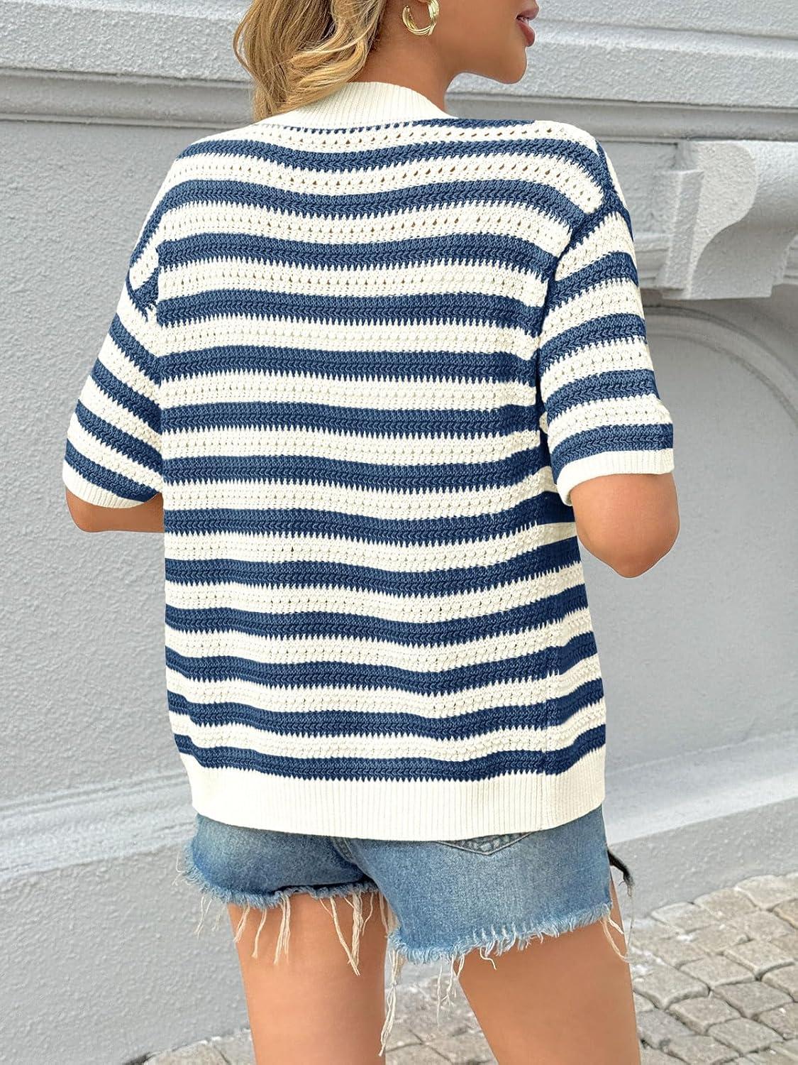 image:imageSaodimallsu Womens Short Sleeve Striped Cardigan Sweaters Crochet Knit Button Down Shirts V Neck Spring Summer TopsDark Blue