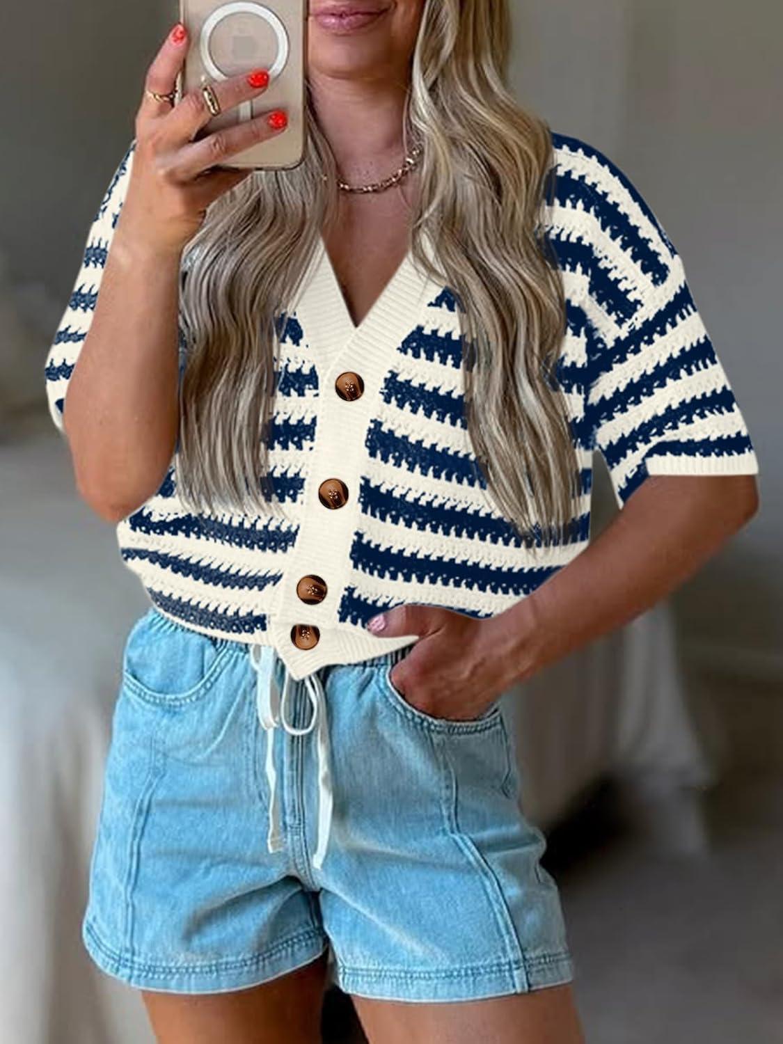 image:imageSaodimallsu Womens Short Sleeve Striped Cardigan Sweaters Crochet Knit Button Down Shirts V Neck Spring Summer TopsDark Blue