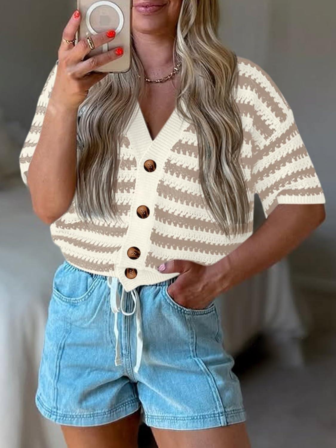 image:imageSaodimallsu Womens Short Sleeve Striped Cardigan Sweaters Crochet Knit Button Down Shirts V Neck Spring Summer TopsKhaki