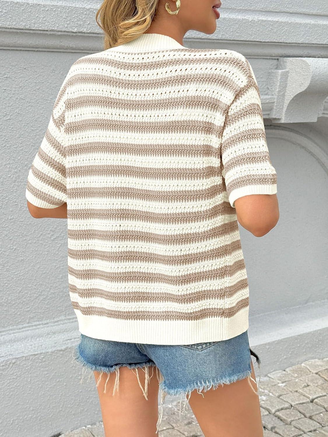 image:imageSaodimallsu Womens Short Sleeve Striped Cardigan Sweaters Crochet Knit Button Down Shirts V Neck Spring Summer TopsKhaki