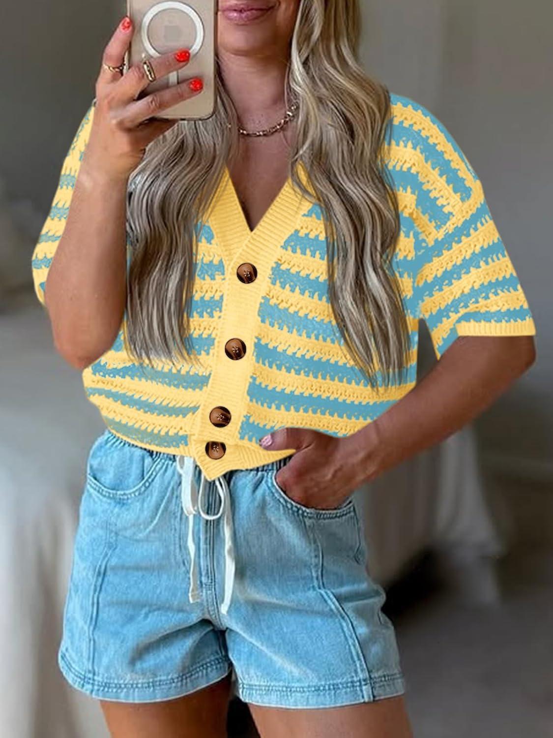 image:imageSaodimallsu Womens Short Sleeve Striped Cardigan Sweaters Crochet Knit Button Down Shirts V Neck Spring Summer TopsLake Blue