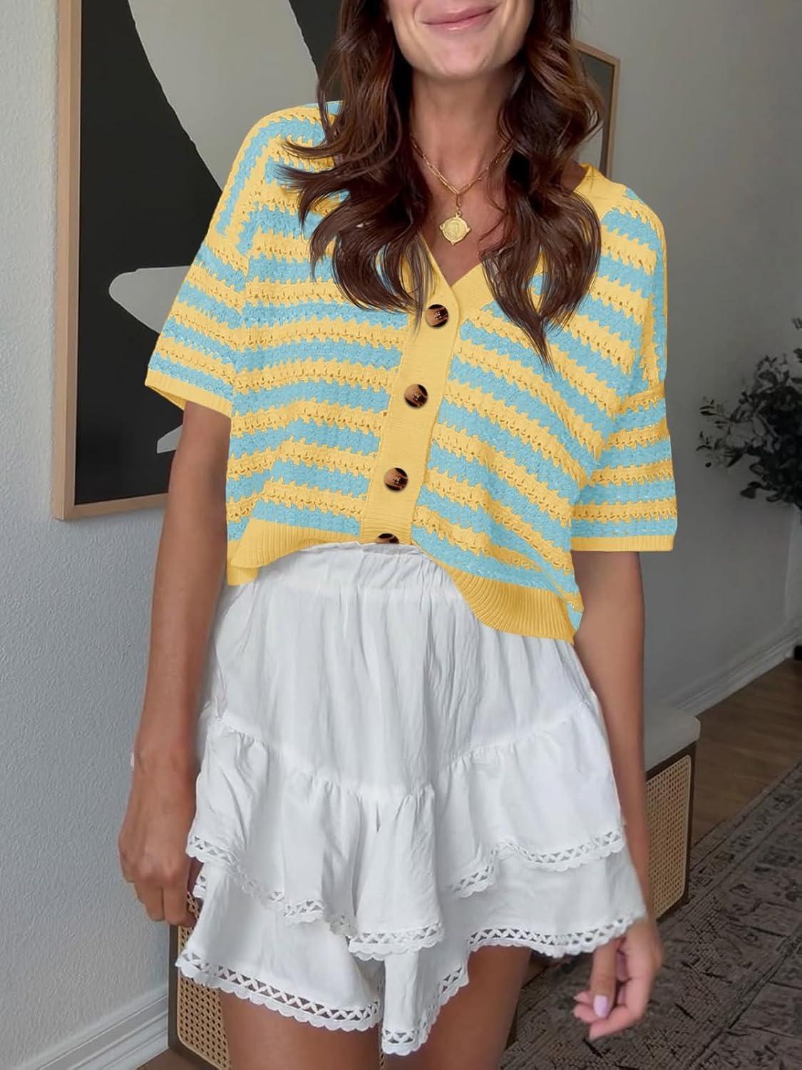 image:imageSaodimallsu Womens Short Sleeve Striped Cardigan Sweaters Crochet Knit Button Down Shirts V Neck Spring Summer TopsLake Blue