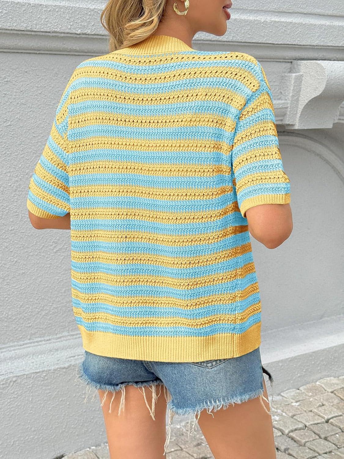 image:imageSaodimallsu Womens Short Sleeve Striped Cardigan Sweaters Crochet Knit Button Down Shirts V Neck Spring Summer TopsLake Blue