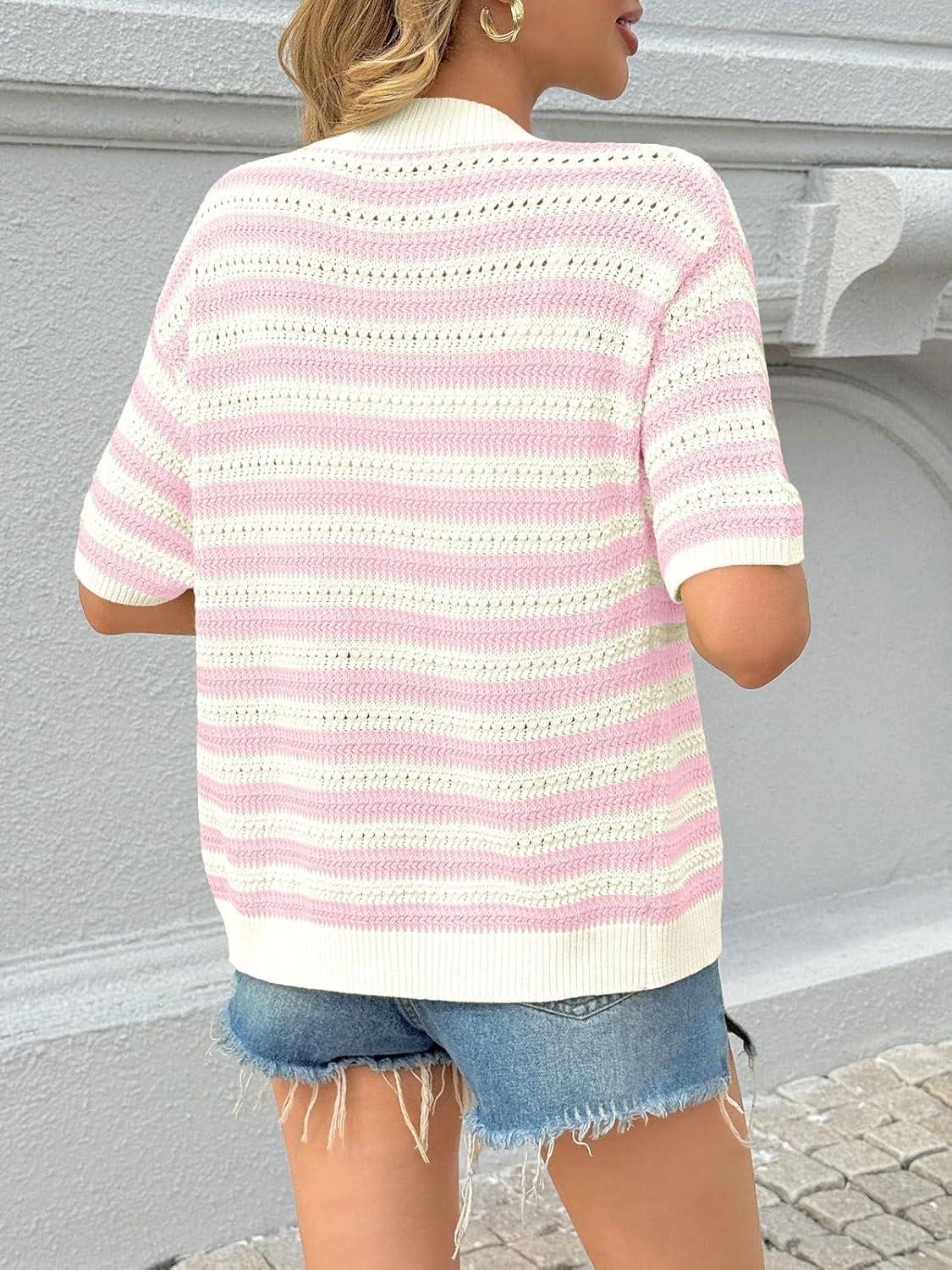 image:imageSaodimallsu Womens Short Sleeve Striped Cardigan Sweaters Crochet Knit Button Down Shirts V Neck Spring Summer TopsPink