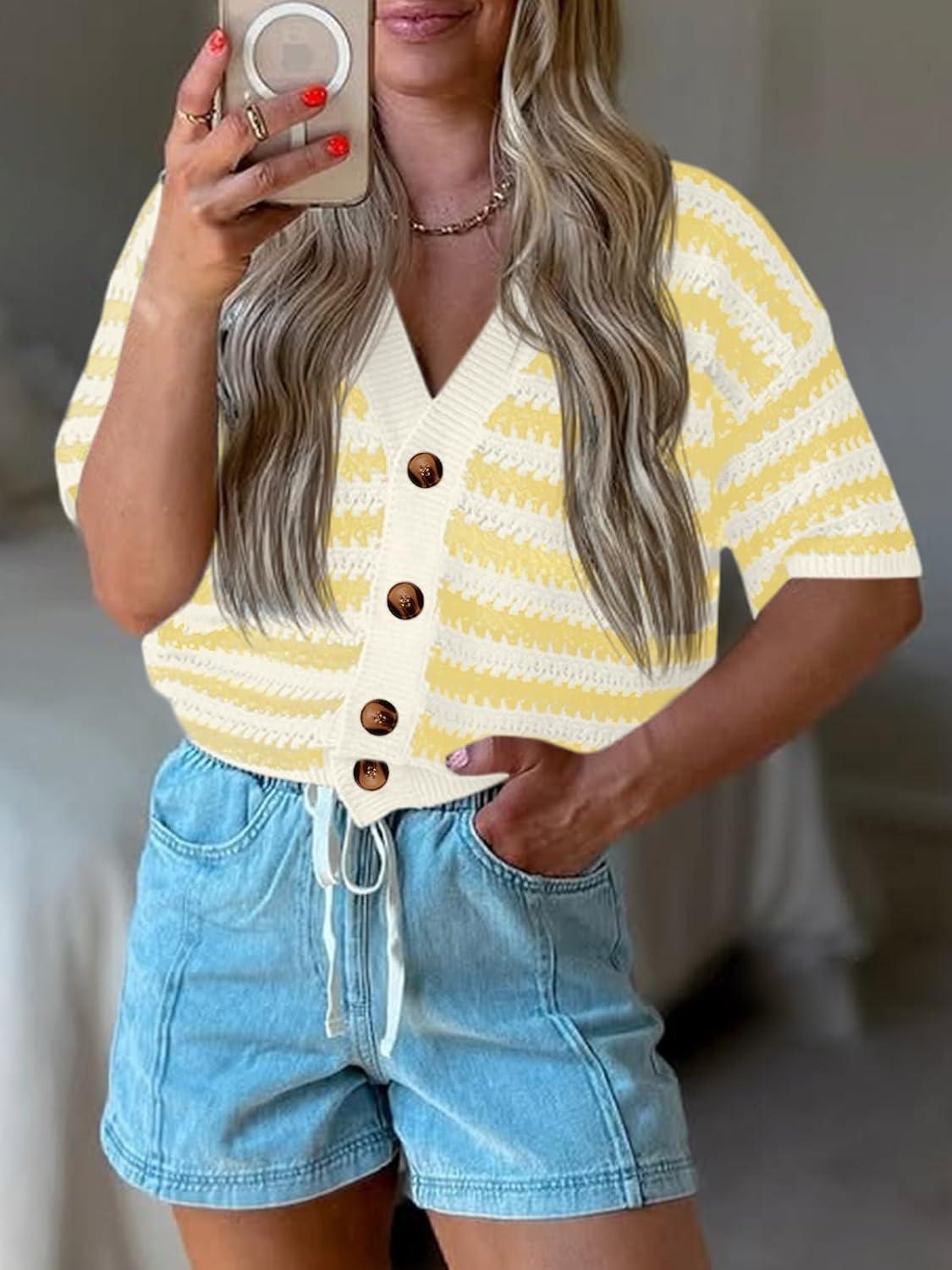 image:imageSaodimallsu Womens Short Sleeve Striped Cardigan Sweaters Crochet Knit Button Down Shirts V Neck Spring Summer TopsYellow