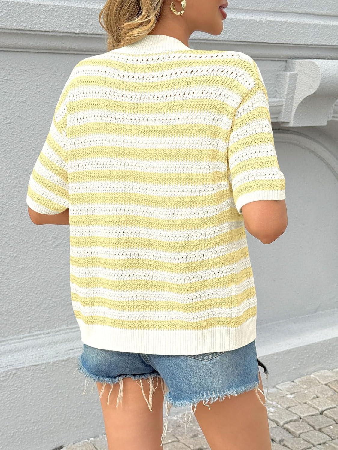 image:imageSaodimallsu Womens Short Sleeve Striped Cardigan Sweaters Crochet Knit Button Down Shirts V Neck Spring Summer TopsYellow