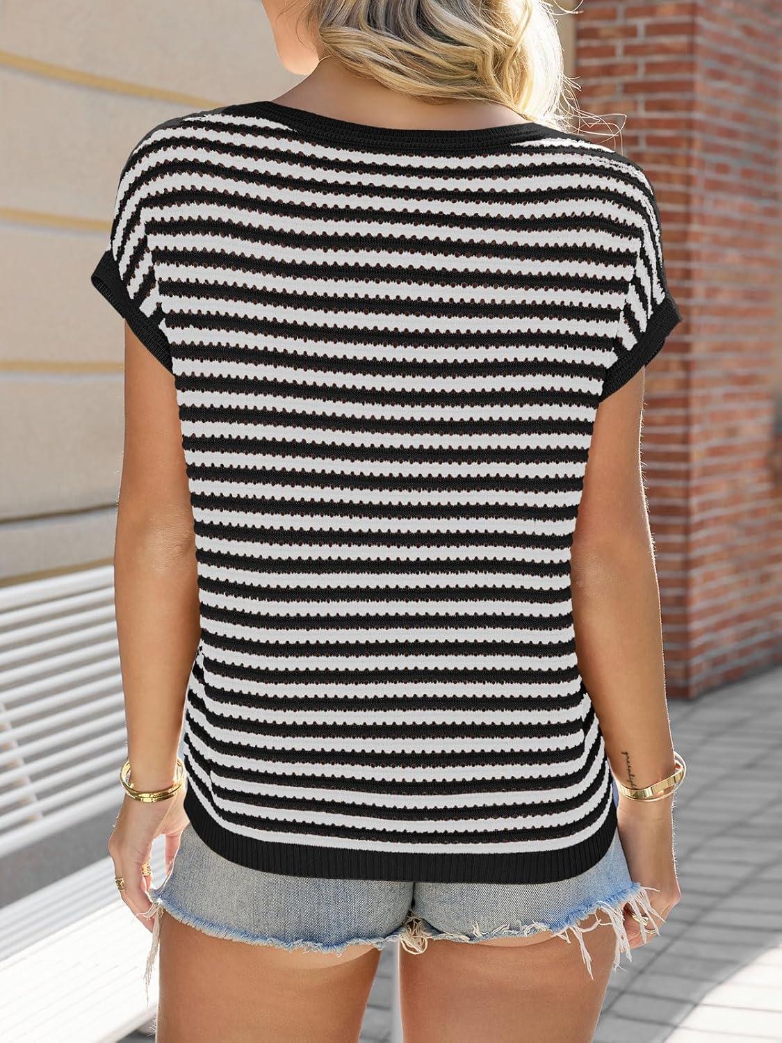 image:imageSaodimallsu Womens Short Sleeve Sweater Summer Striped Crochet Tops Casual Cap Sleeve Crewneck Knit Sweater Vest TShirtsBlack