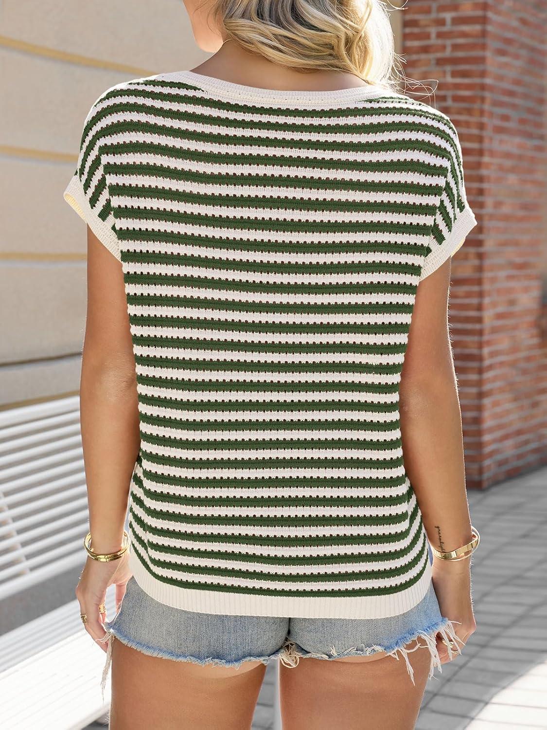 image:imageSaodimallsu Womens Short Sleeve Sweater Summer Striped Crochet Tops Casual Cap Sleeve Crewneck Knit Sweater Vest TShirtsGreen