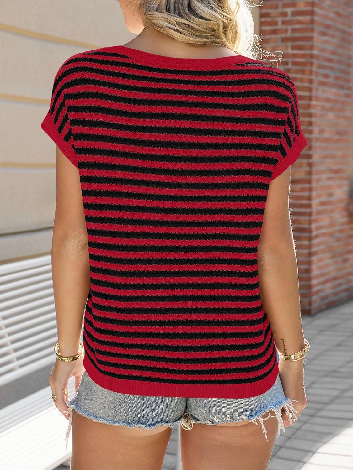 image:imageSaodimallsu Womens Short Sleeve Sweater Summer Striped Crochet Tops Casual Cap Sleeve Crewneck Knit Sweater Vest TShirtsRed
