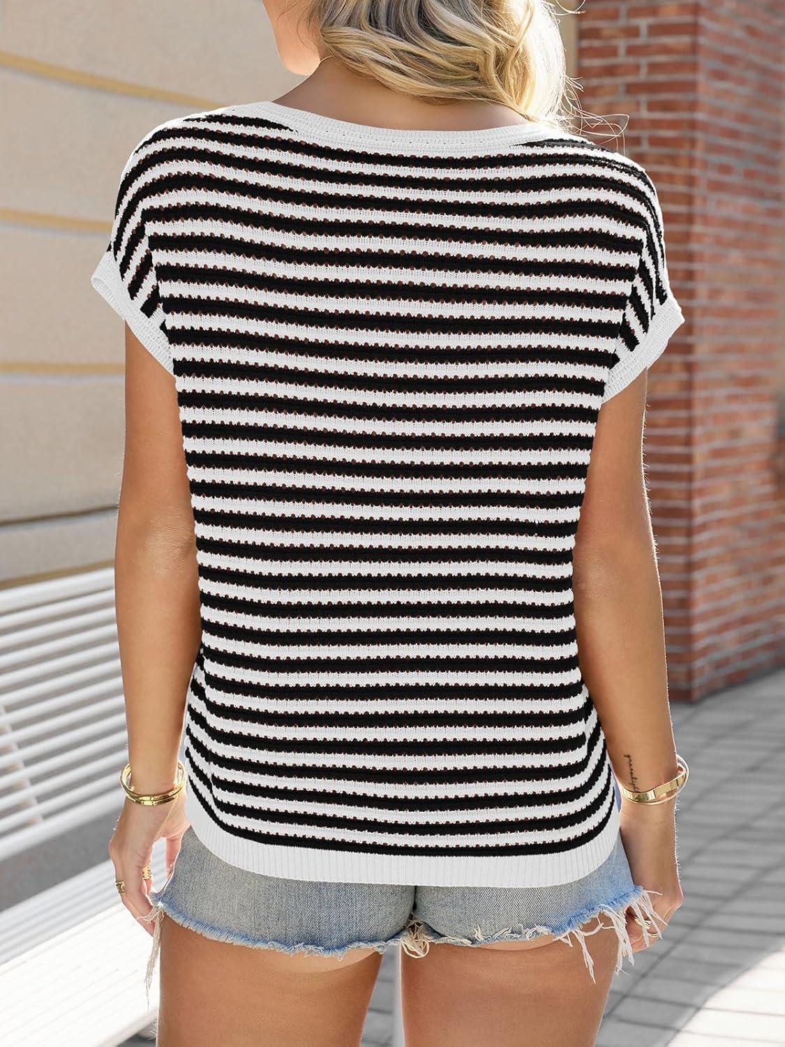 image:imageSaodimallsu Womens Short Sleeve Sweater Summer Striped Crochet Tops Casual Cap Sleeve Crewneck Knit Sweater Vest TShirtsWhite