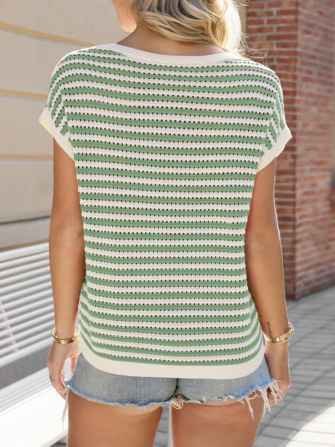 image:imageSaodimallsu Womens Short Sleeve Sweater Summer Striped Crochet Tops Casual Cap Sleeve Crewneck Knit Sweater Vest TShirtsWhitegreen
