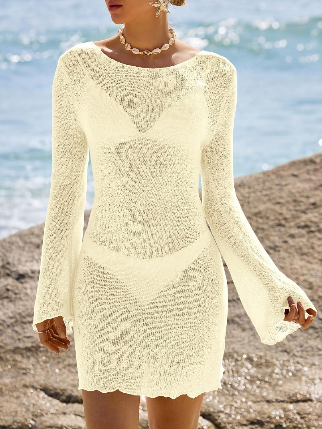 image:imageSaodimallsu Womens Swimsuit Cover Up Long Sleeve Sheer Mesh Knit Mini Dress Backless Tie Summer Beach Vacation OutfitsBeige