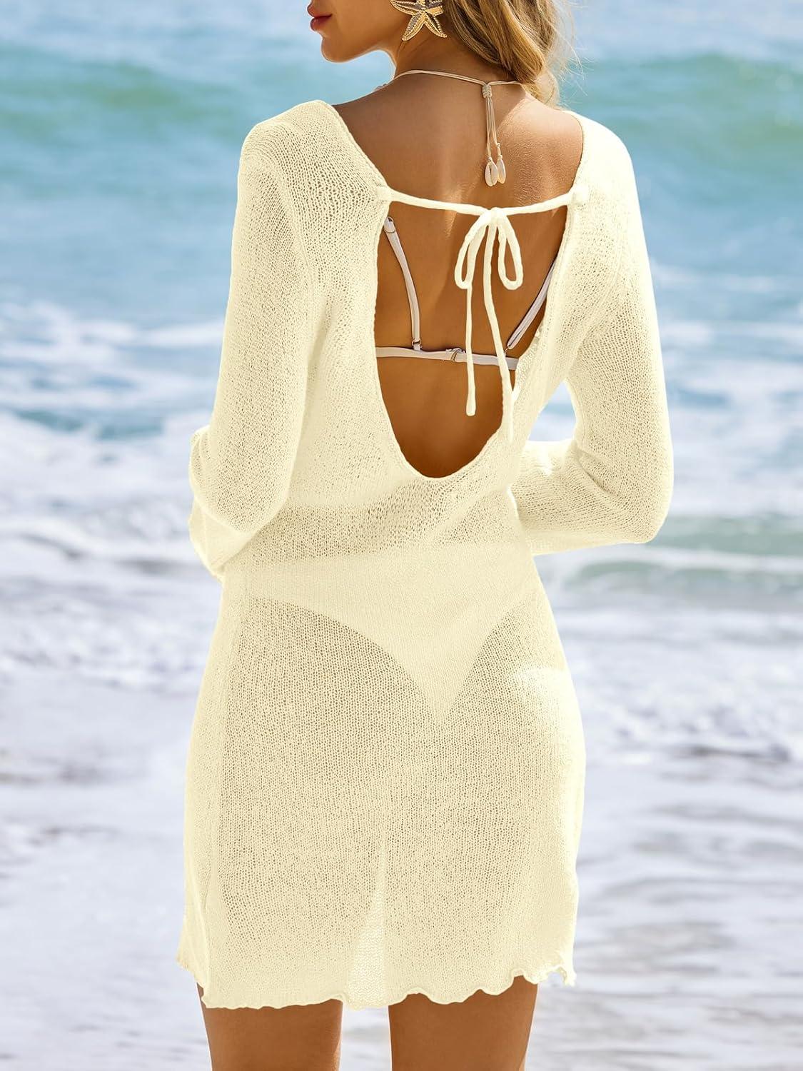 image:imageSaodimallsu Womens Swimsuit Cover Up Long Sleeve Sheer Mesh Knit Mini Dress Backless Tie Summer Beach Vacation OutfitsBeige