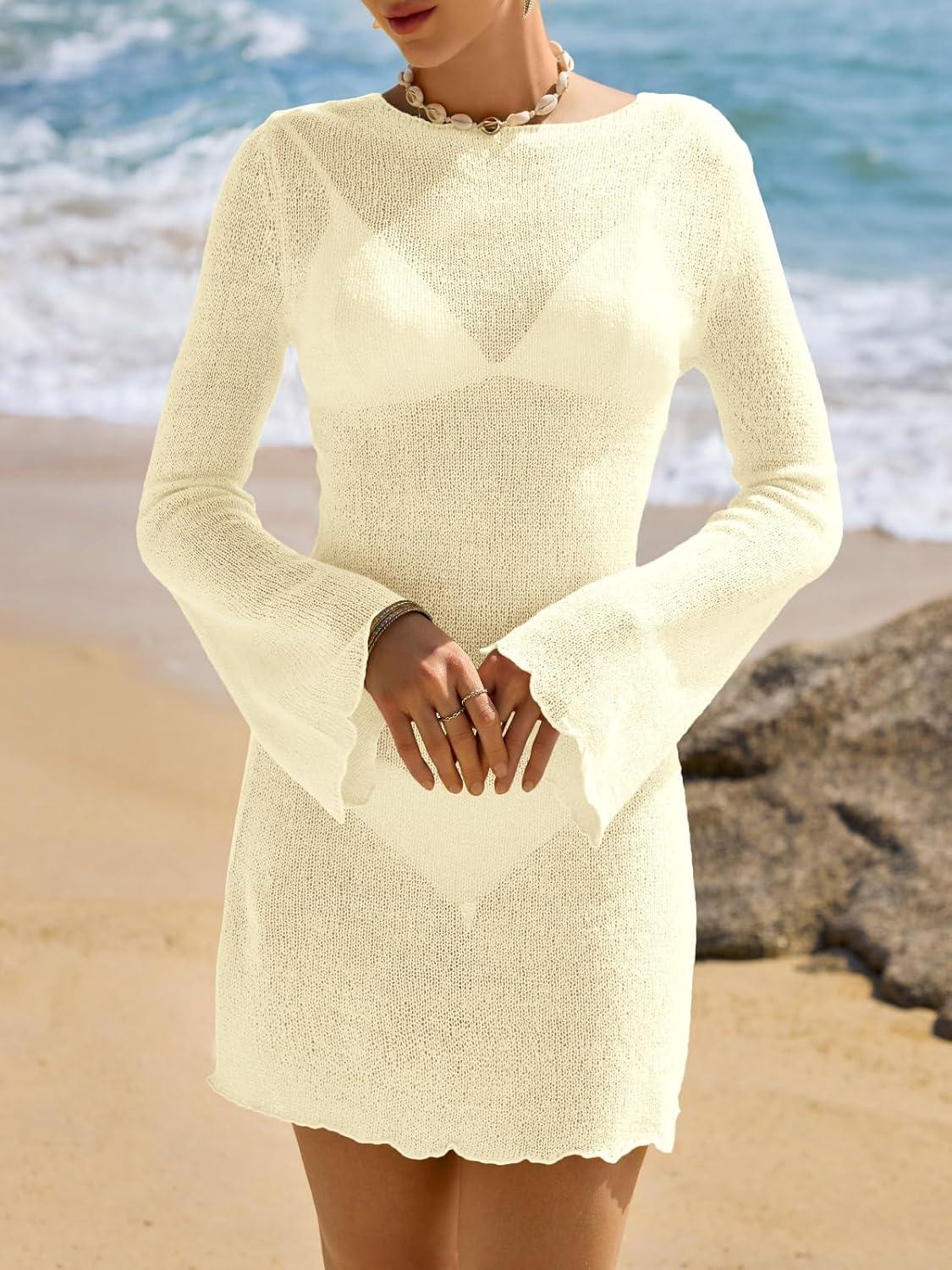image:imageSaodimallsu Womens Swimsuit Cover Up Long Sleeve Sheer Mesh Knit Mini Dress Backless Tie Summer Beach Vacation OutfitsBeige