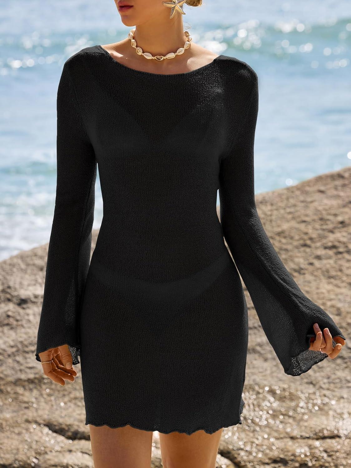 image:imageSaodimallsu Womens Swimsuit Cover Up Long Sleeve Sheer Mesh Knit Mini Dress Backless Tie Summer Beach Vacation OutfitsBlack