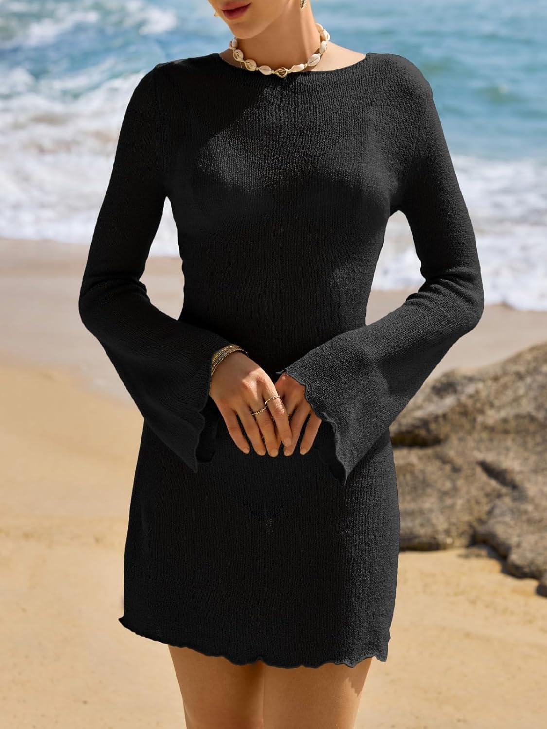 image:imageSaodimallsu Womens Swimsuit Cover Up Long Sleeve Sheer Mesh Knit Mini Dress Backless Tie Summer Beach Vacation OutfitsBlack