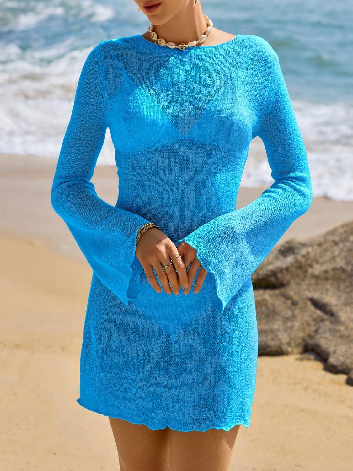 image:imageSaodimallsu Womens Swimsuit Cover Up Long Sleeve Sheer Mesh Knit Mini Dress Backless Tie Summer Beach Vacation OutfitsBlue