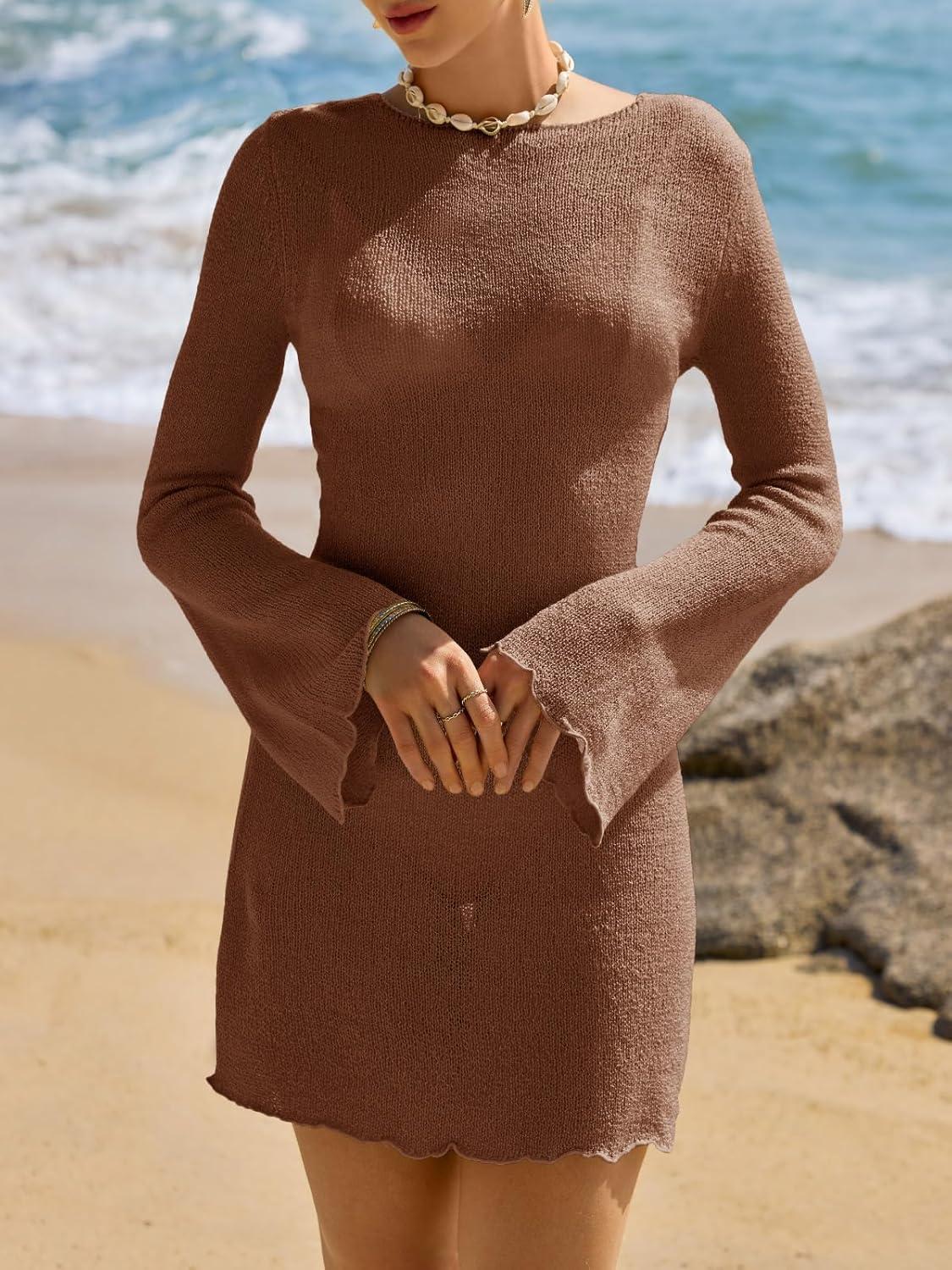 image:imageSaodimallsu Womens Swimsuit Cover Up Long Sleeve Sheer Mesh Knit Mini Dress Backless Tie Summer Beach Vacation OutfitsCoffee