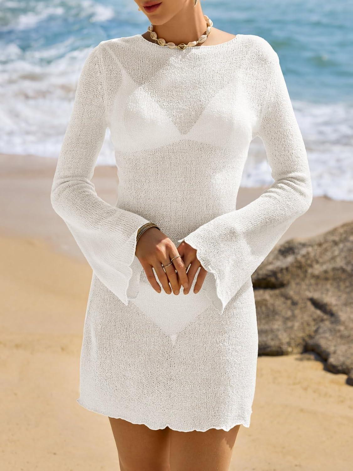 image:imageSaodimallsu Womens Swimsuit Cover Up Long Sleeve Sheer Mesh Knit Mini Dress Backless Tie Summer Beach Vacation OutfitsWhite