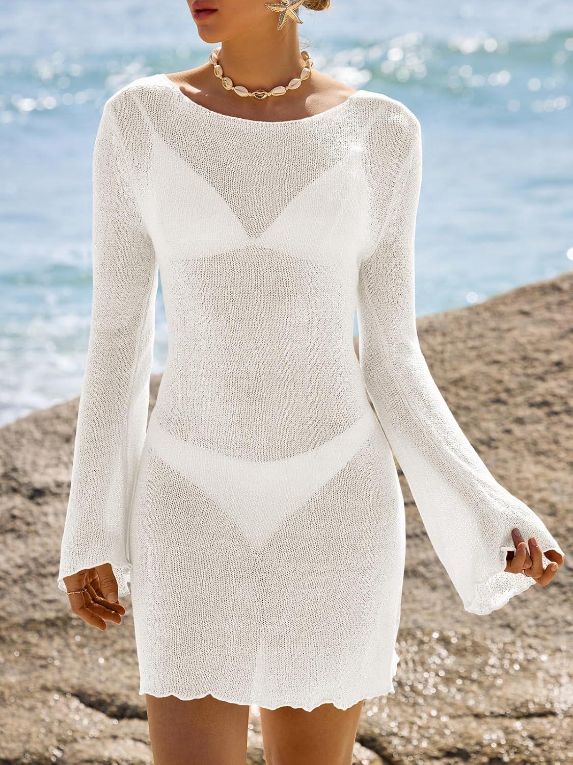 image:imageSaodimallsu Womens Swimsuit Cover Up Long Sleeve Sheer Mesh Knit Mini Dress Backless Tie Summer Beach Vacation OutfitsWhite