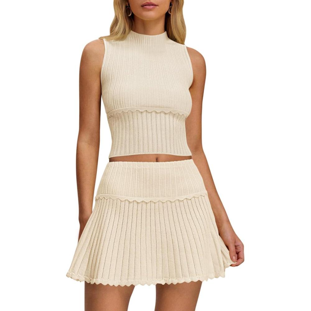 image:imageSaodimallsu Womens 2 Piece Skirt Sets Sleeveless Knit Crop Top Mini Skirt Summer Two Piece Outfits Sweater SetsApricot