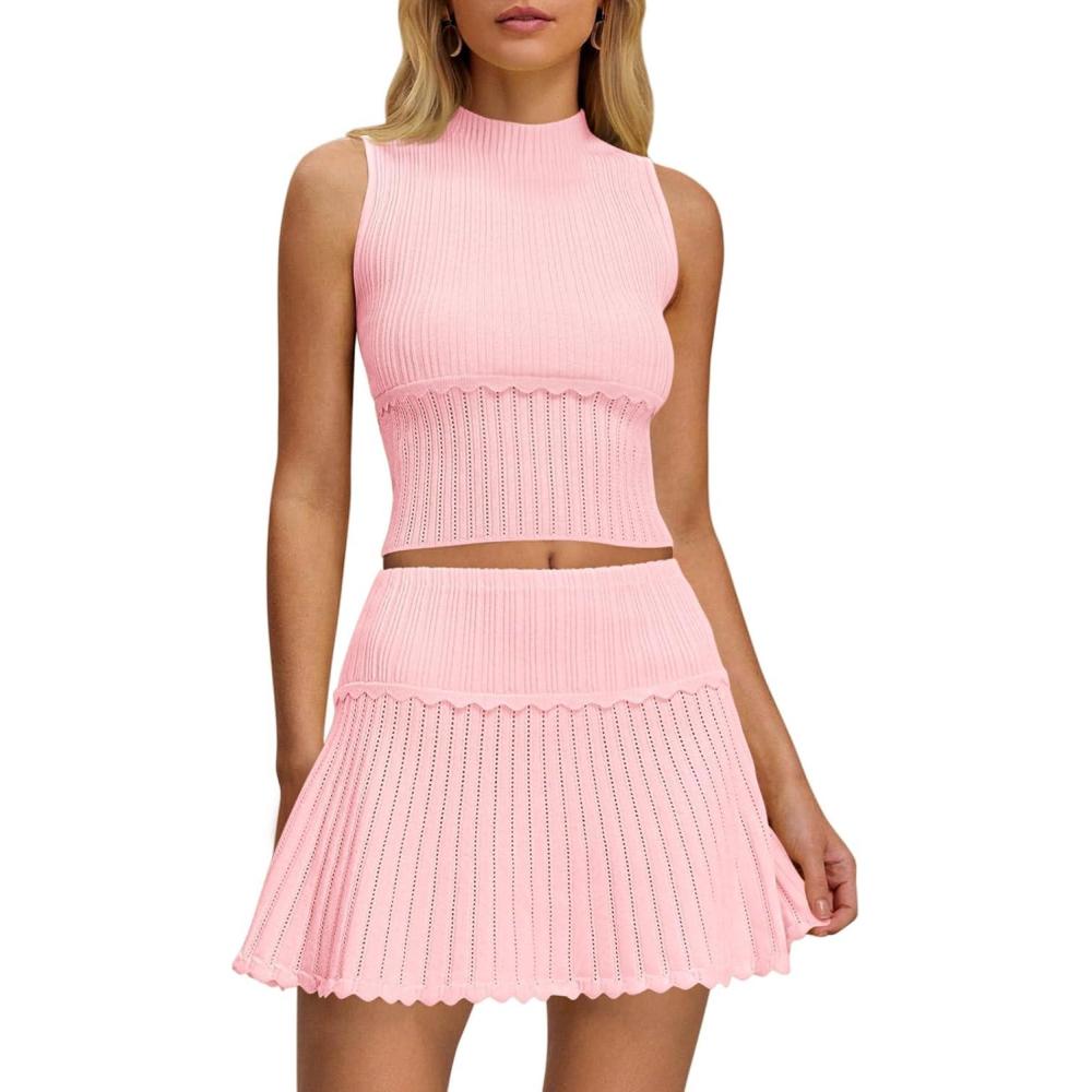 image:imageSaodimallsu Womens 2 Piece Skirt Sets Sleeveless Knit Crop Top Mini Skirt Summer Two Piece Outfits Sweater SetsPink