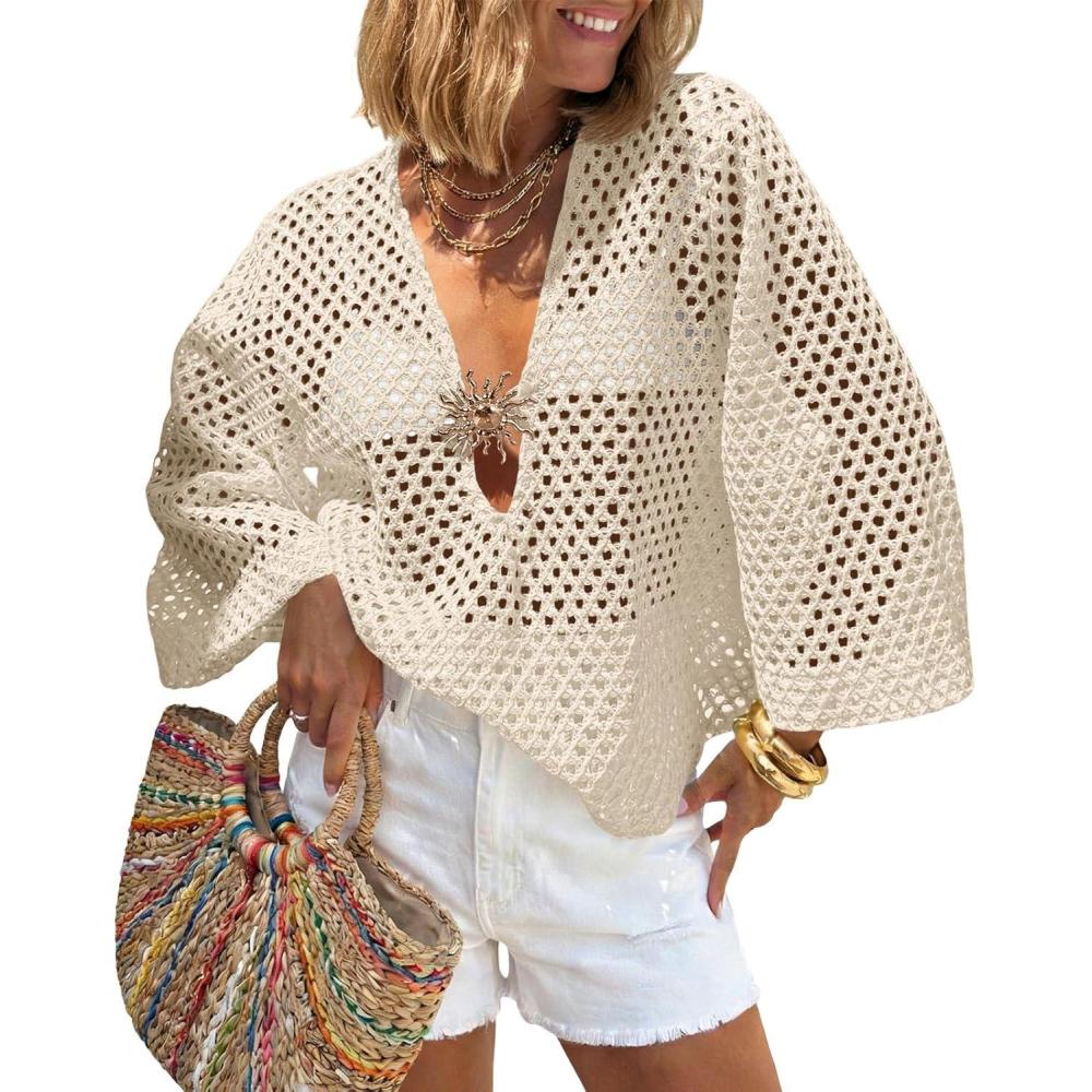image:imageSaodimallsu Womens Crochet Beach Cover Up Top Summer 34 Sleeve Boho Oversized Mesh Knit V Neck Swimsuit CoverupBeige