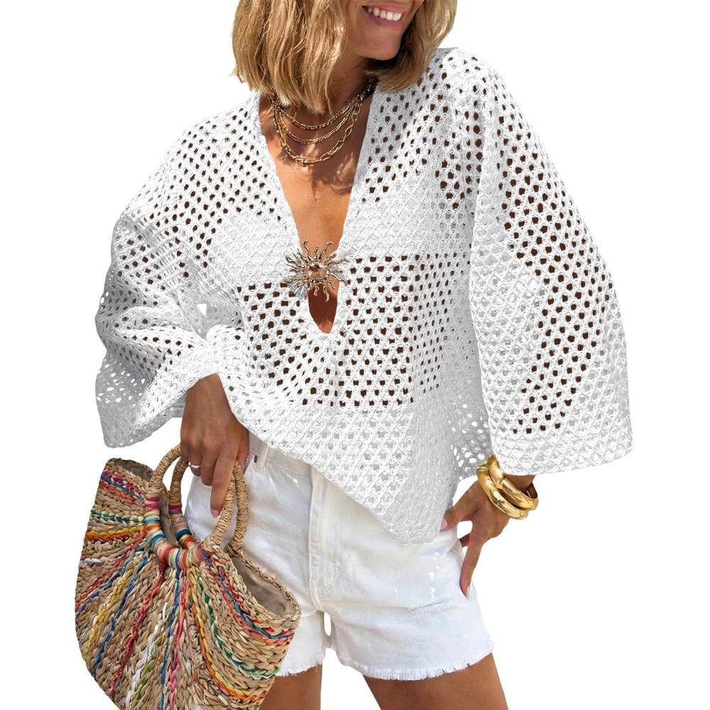 image:imageSaodimallsu Womens Crochet Beach Cover Up Top Summer 34 Sleeve Boho Oversized Mesh Knit V Neck Swimsuit CoverupWhite