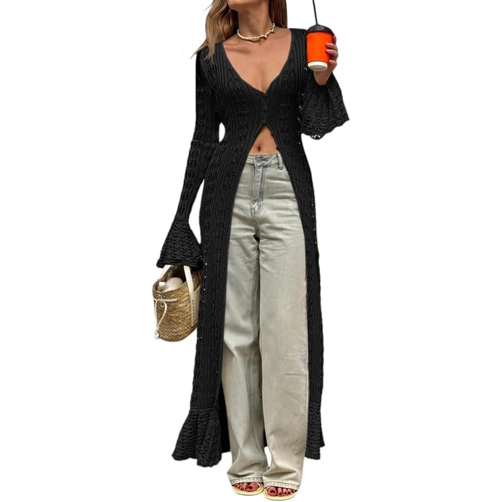 image:imageSaodimallsu Womens Crochet Long Cardigans Duster Button Up Bell Long Sleeve Ruffle 2026 Summer Boho Beach Cover UpsBlack