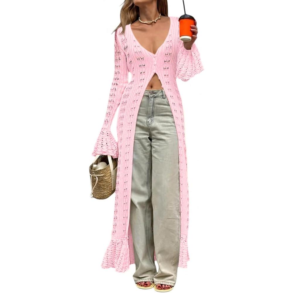 image:imageSaodimallsu Womens Crochet Long Cardigans Duster Button Up Bell Long Sleeve Ruffle 2026 Summer Boho Beach Cover UpsPink