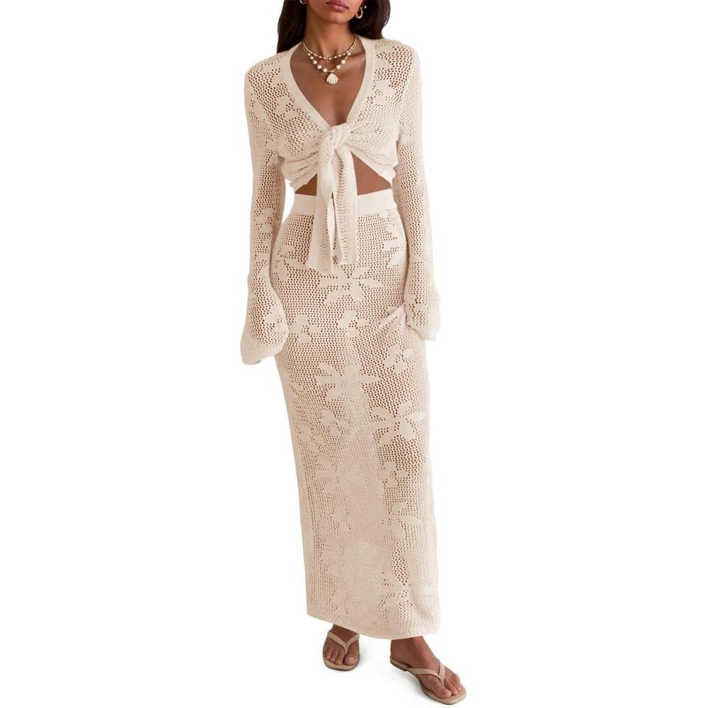 image:imageSaodimallsu Womens Crochet Swim Cover Up 2 Piece V Neck Long Sleeve Wrap Tie Crop Tops Beach Boho Maxi Coverup SetApricot