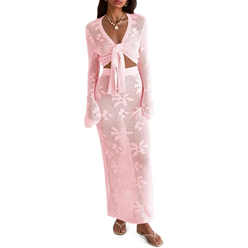 image:imageSaodimallsu Womens Crochet Swim Cover Up 2 Piece V Neck Long Sleeve Wrap Tie Crop Tops Beach Boho Maxi Coverup SetPink